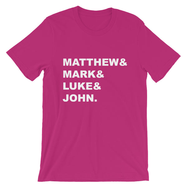 Matthew & Mark & Luke & John Short-Sleeve Unisex T-Shirt - Gospel Gift - New Testament Bible Books - Bible Study Leader Gift