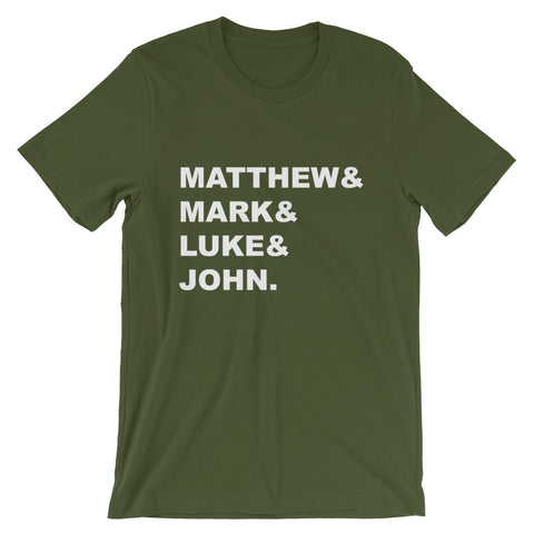 Matthew & Mark & Luke & John Short-Sleeve Unisex T-Shirt - Gospel Gift - New Testament Bible Books - Bible Study Leader Gift